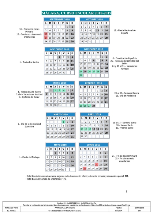 Calendario escolar Málaga 2018-19